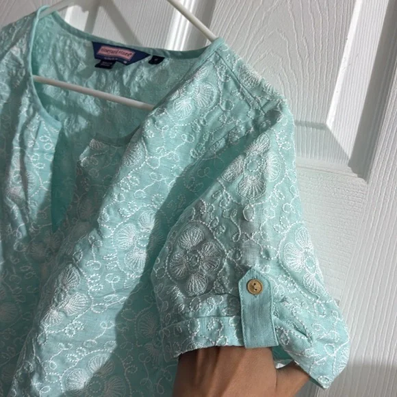 Vineyard Vines by Shep & Ian Linen Top sky blue Medium white thread pattern cute - Picture 6 of 10